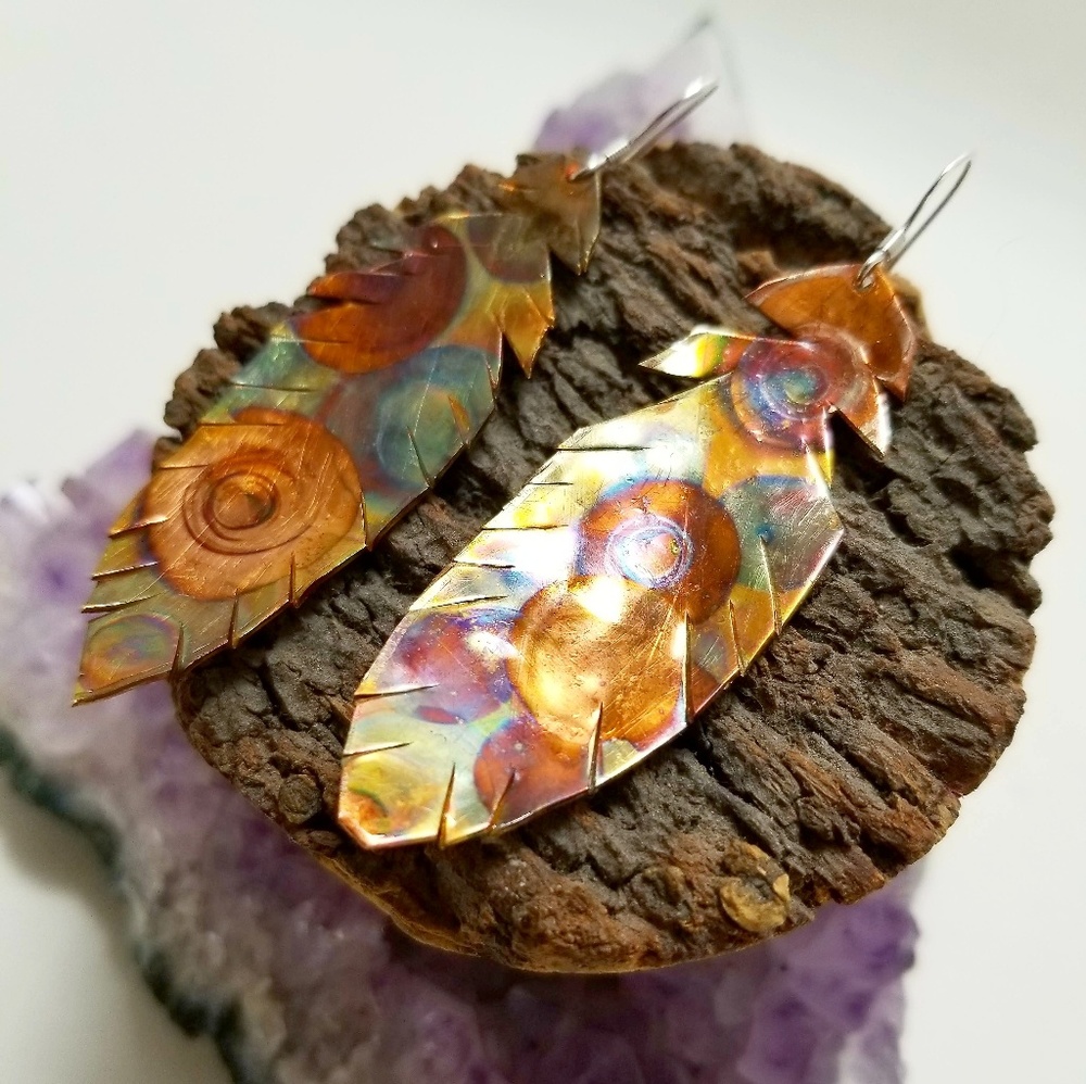 Signed Rainbow Feather Copper Sterling Earrings